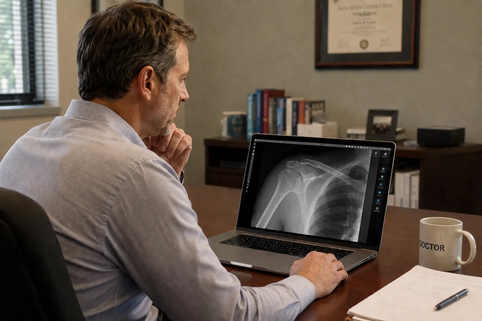 Doctor reviewing imaging or records in an office setting